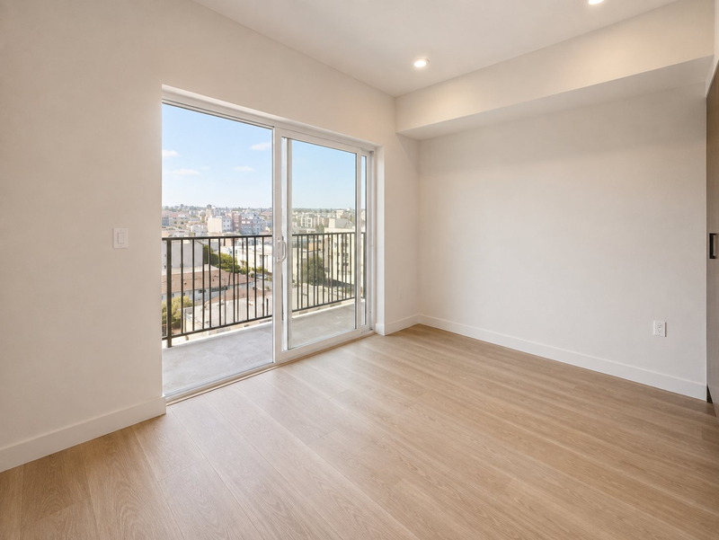 Bright room with sliding glass doors, private balcony, and neighborhood views
