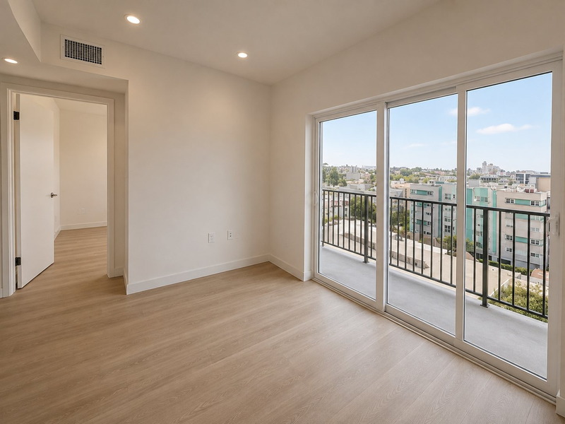 Living area with floor-to-ceiling sliding doors to a private balcony