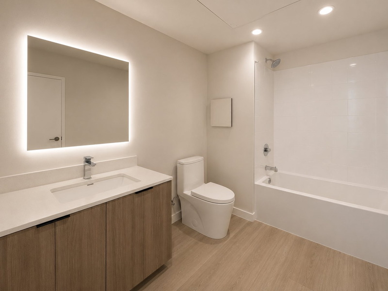 Bathroom with backlit mirror, quartz vanity, and soaking tub