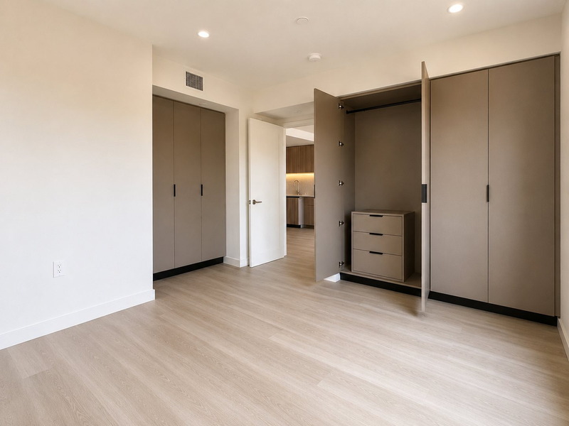 Bedroom with built-in wardrobes and oak flooring