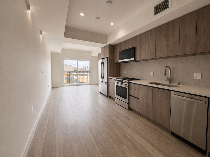 Kitchen with wood cabinetry, quartz counters, and stainless appliances
