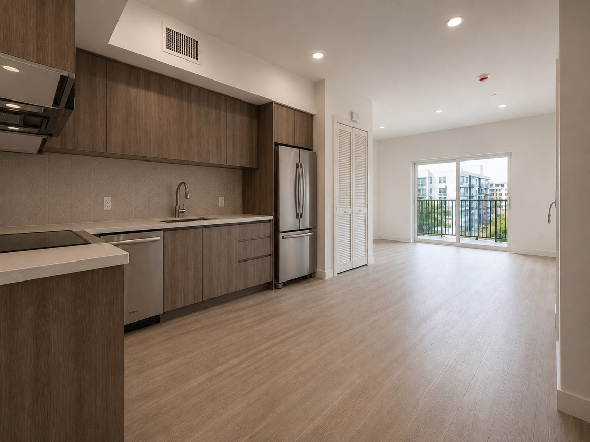 Open kitchen and living area with balcony at 926 Kingsley